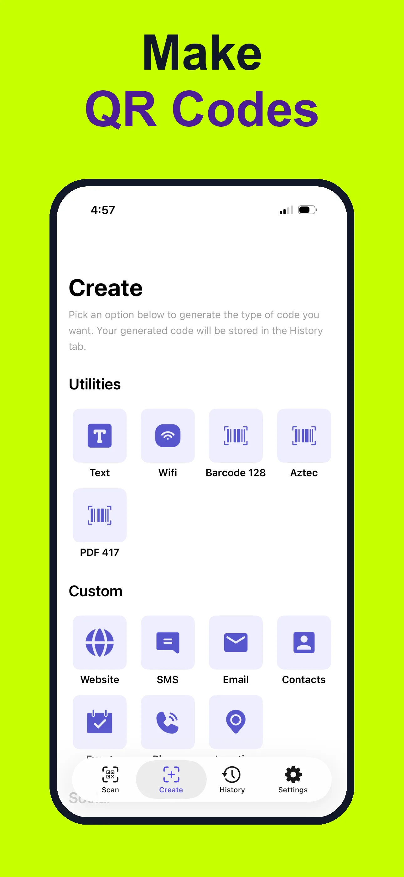 Custom QR code generator screen with logo and color tools
