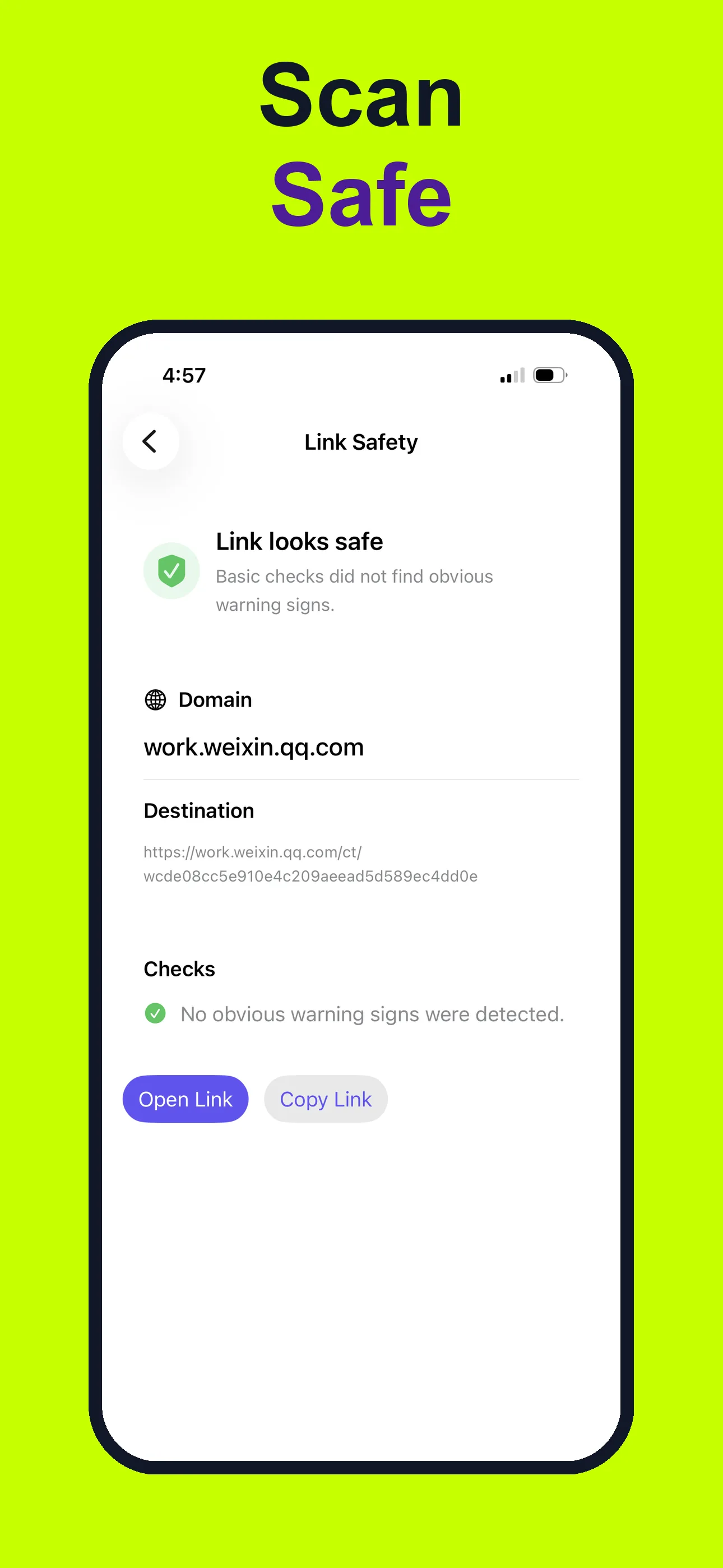 QR link preview screen on iPhone